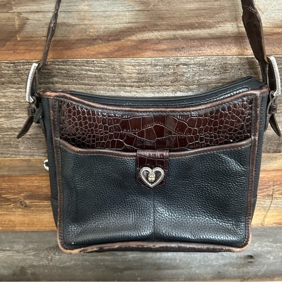 Vintage Brighton Pebble Grain Leather Black w/Brown Alligator Embossed Purse - Picture 5 of 16